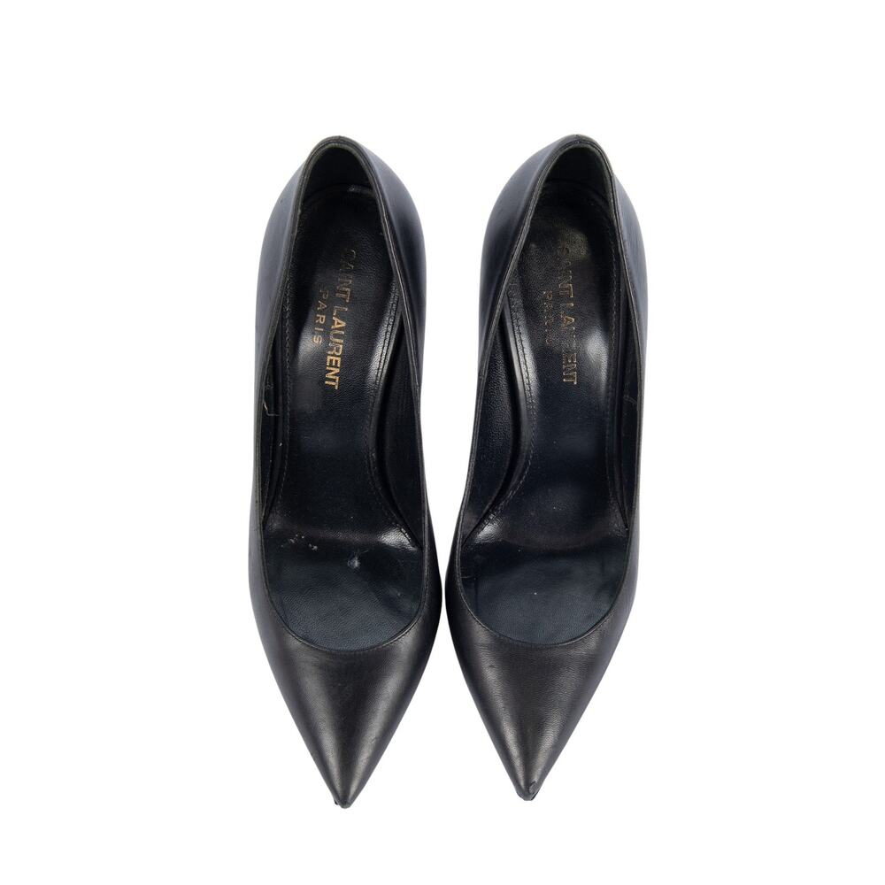 SAINT LAURENT Black Leather YSL Logo Heel Size 37.5 - Picture 2 of 4